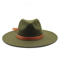 Detail of army green felt fedora with brown leather band and white contrast stitching - M (56-59cm) / Army Green