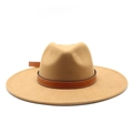 Classic beige wool fedora hat with a brown leather decorative band and white stitching - M (56-59cm) / Camel