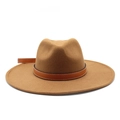 Classic wide-brim dark camel wool fedora hat with decorative brown faux leather belt strap - M (56-59cm) / Khaki