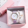 Purple girls watch set with cat dial and matching flower bead bracelet in pink gift box - Purple