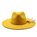 Classic yellow wool felt wide brim fedora hat with brown leather band and feather accents - M (56-59cm) / Yellow