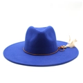Detail of blue wool fedora hat with brown leather band, colored beads and natural feather - M (56-59cm) / Blue