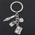 Detailed view of silver teacher keychain with Thank You heart and crayon charms - Stationery Theme Style (E1688) / 3x8cm / Silver