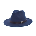 Classic dark blue wool fedora hat with a black leather band and gold buckle - M (56-58cm) / Navy Blue