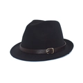 Classic black wool fedora hat with a stylish brown leather band and golden buckle - M (56-58cm) / Black