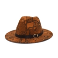 Cappello fedora a tesa larga con motivo a pelle di serpente arancione e nero e fascia in pelle - M (56-58cm) / Cachi