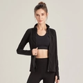Women's black 3-piece sports set with slim-fit zip jacket, thumbhole sleeves, and leggings - S / Black
