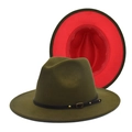 Detail showing army green wool fedora with red interior and black leather decorative belt - M (56-58cm) / Army Green & Red