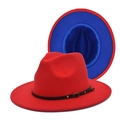Detail of red fedora hat with blue lining and black belt buckle showing two angles - M (56-58cm) / Red & Royal Blue