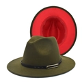 Detailed view of olive green fedora hat featuring a red brim underside and gold buckle - M (56-58cm) / Army Green & Red