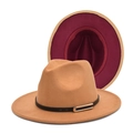 Classic two-tone fedora hat in camel and burgundy wool with a stylish metal buckle band - M (56-58cm) / Camel + Wine Red