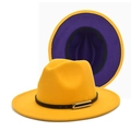Close-up detail of a two-tone yellow and purple felt fedora hat with a black belt - M (56-58cm) / Yellow & Purple