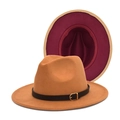 Two-tone wool fedora hat for men and women with metal buckle and camel black contrast - M(56-58cm) / Camel Exterior Burgundy Interior