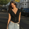 Detail view of black cowl neck short sleeve top with white decorative buttons - S / Black