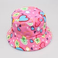 Detailed view of kids pink sun hat with colorful heart and flower pattern print - No.14 Heart and Flower