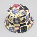 Top view of beige kids sun hat with cartoon bear print and colorful plaid patterns - No.18 Little Bear