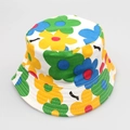 Close-up of kids' cotton bucket hat with vibrant colorful floral pattern print - No.10 Yellow Green Sunflower