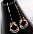 Gold bow earrings with colorful rhinestones on a long drop dangle wreath design - Colorful Bowknot Wreath Drop Earrings (A6102)
