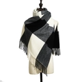 Plaid cashmere-like scarf in black, white and grey blocks with classic fringe details - Black and White Plaid