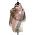 Pink and brown plaid faux cashmere scarf with fringe details on a mannequin - Pink and Khaki Plaid