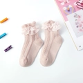 Pink cotton girls' short socks with elegant lace ruffles and openwork knit details - Dusky Pink
