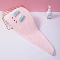 Pink coral fleece hair drying towel with blue bunny ears and cute embroidery - Pink Rabbit Hair Drying Cap / 24*64cm