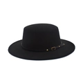 Classic black flat top wide brim wool felt gambler hat with a leather buckled band - M (56-58cm) / Black