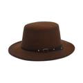 Classic brown wool felt wide brim fedora hat with a black leather band and metal buckle - M (56-58cm) / Coffee