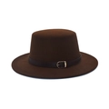 Detail of dark brown wool fedora hat featuring a thin black leather band with golden buckle - M (56-58cm) / Coffee