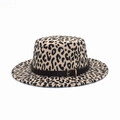 Detailed view of the leopard print wool boater hat with a brown faux leather belt strap - M (56-58cm) / White
