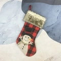 Red and black buffalo plaid Christmas stocking with faux fur cuff and snowman embroidery - Snowman