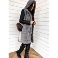 Women's long hooded faux fur vest in grey with black pleated faux leather sleeves - 4XL / Gray