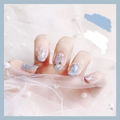 Blue ocean shell pearl press-on nails with marble design, gold foil, and white pearl accents - Blue Ocean Style Marble Smudge Gold Foil Pearl Style(JP828) / 24 Pcs/Set
