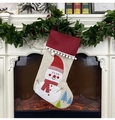 Detail view of burlap Christmas stocking with snowman embroidery hanging on white mantel - Snowman