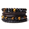 Tiger eye and black agate beaded bracelet set with braided leather and metal cross charm - Yellow Tiger Eye Leather