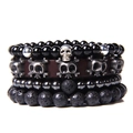 Gothic beaded bracelet set with black natural stone, skull charm and brown leather band - Double Skull Lava Stone