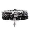 Three-piece bohemian beaded bracelet set featuring natural stones and a silver owl charm - Owl Cross Bracelet 4.11
