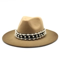 Fedora-Hut mit breiter Krempe aus Kamelwolle mit perlenbesetztem schwarzem Banddetail - M (56-58cm) / Khaki