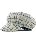 Cappello newsboy a quadri bianchi e neri con ricami dorati in prospettiva laterale piatta - M(56-58cm) / Bianco