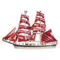 Vintage sailing boat brooch with red enamel sails and golden metal finish details - Red