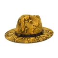 Detail of yellow snake print fedora hat featuring a brown leather band and metal buckle - M (56-58cm) / Yellow