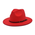 Classic red wide brim wool fedora hat with black leather belt and gold buckle detail - M(56-58cm) / Red