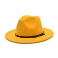British style bright yellow wool fedora hat with flat brim and black leather buckle band - M(56-58cm) / Yellow