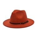 Classic wide brim orange wool fedora hat with brown leather band and gold buckle details - M(56-58cm) / Caramel color