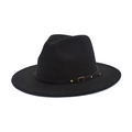 Classic black wide-brim wool felt fedora hat with stylish studded gold buckle band - M(56-58cm) / Black