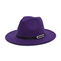 Classic dark purple wool fedora hat with wide brim and black belt silver buckle detail - M (56-58cm) / Purple
