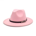 Chapeau fedora en laine rose avec bande en cuir noir et boucle argentée pour l'automne - M (56-58cm) / Rose