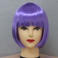 Short purple bob wig with flat bangs on a mannequin head for women and kids - Violet
