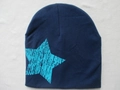 Navy blue knitted baby beanie featuring a light blue textured star print on the front - Blue Pentagram / Navy Blue