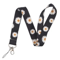 Black neck lanyard with white daisy pattern and durable metal lobster clasp - AL2631 Black Daisy Lanyard